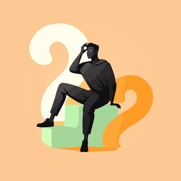 Vector man leaning on confused question mark
