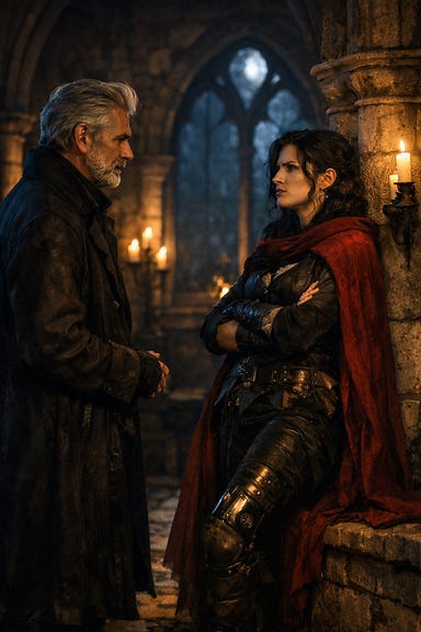 Van Richten and Ezmerelda talking in the cloister at St. Andral's Church at night — moonlight filtering through arched windows, candles flickering along the stone walls. Van Richten, with ash-white hair and a charcoal coat, stands in profile, his expression grave yet compassionate. Ezmerelda, dark-haired and fierce, leans against a pillar, her crimson cloak pooling at her boots, prosthetic leg glinting faintly. Between them, the air hums with quiet understanding and shared sorrow.