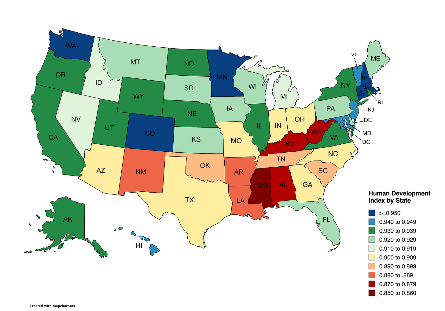 r/MapPorn - US states ranked by the UN Human Development Index
