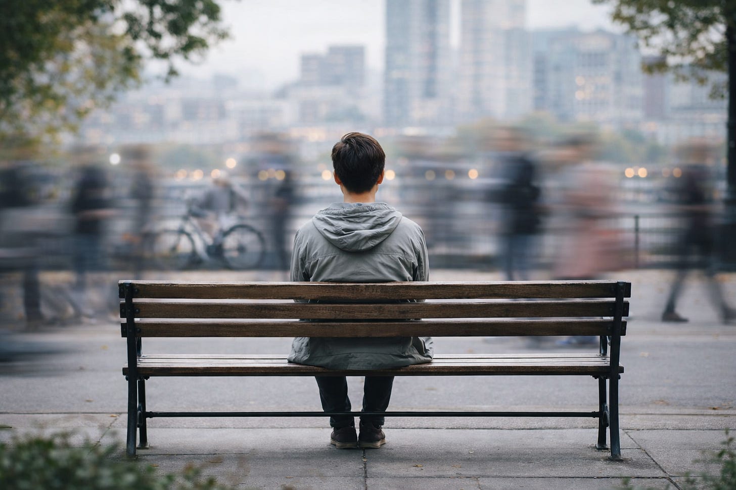 person sitting on a park bench with blurred motion and a city in the distance