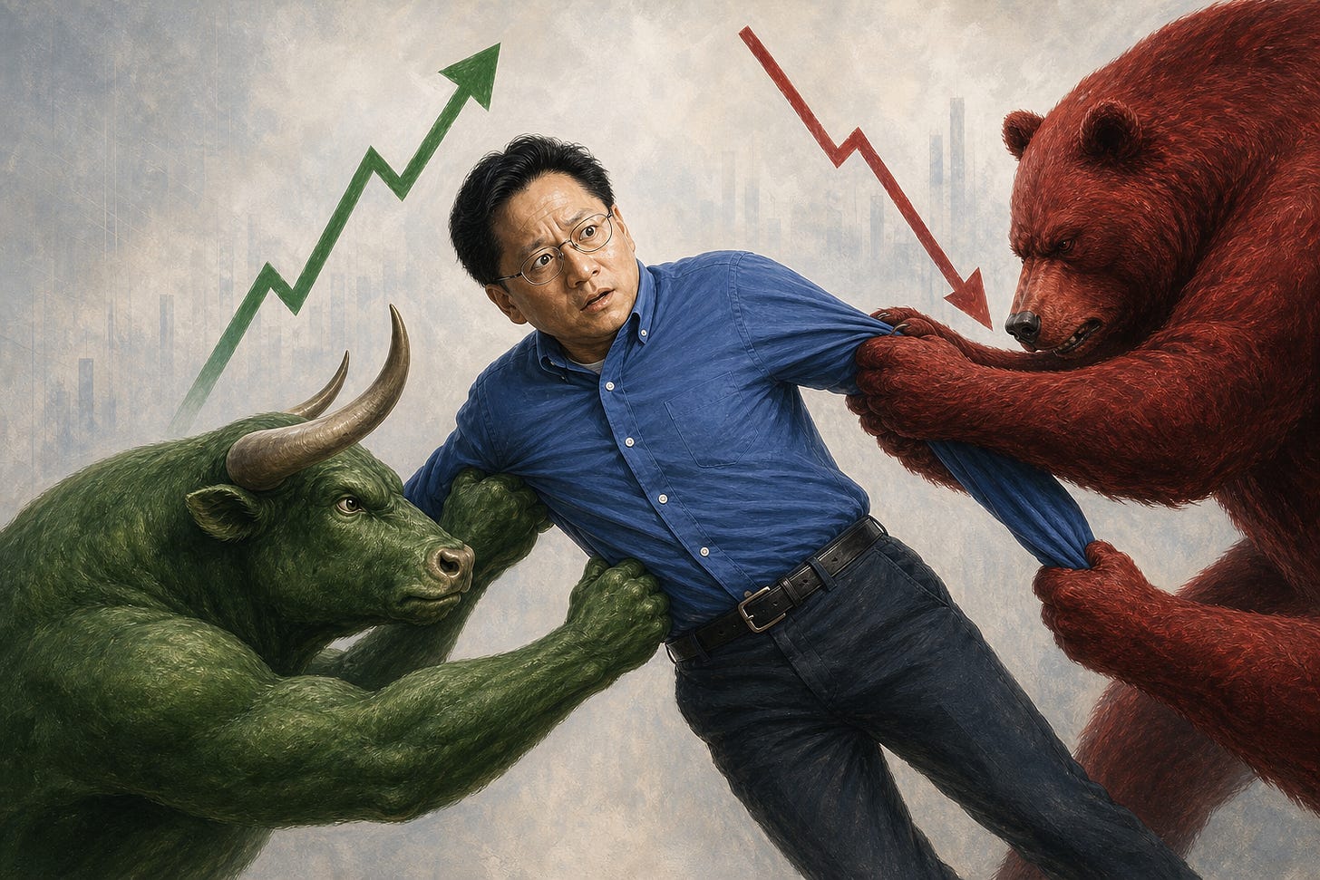 Jensen Huang pulled between a green bull and a red bear, representing opposing forces on the AI trade.