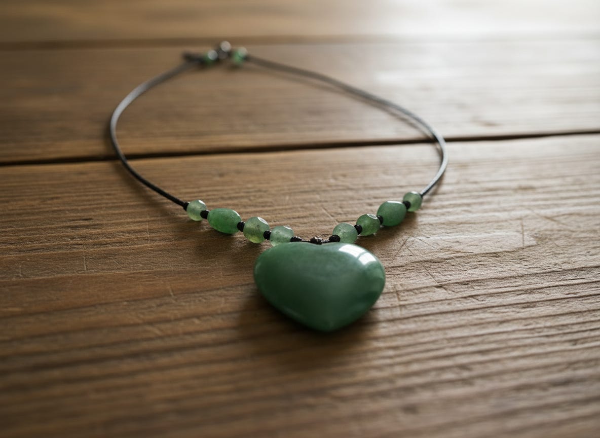 A photo of a jade necklace with a heart-shaped pendant, identical to the one worn by Sadie Broussard in the previous living room photo. The necklace is resting on a simple, possibly wooden, surface. Warm, natural lighting A photo of a jade necklace with a heart-shaped pendant, identical to the one worn by Sadie Broussard in the previous living room photo. The necklace is resting on a simple, possibly wooden, surface. Warm, natural lighting