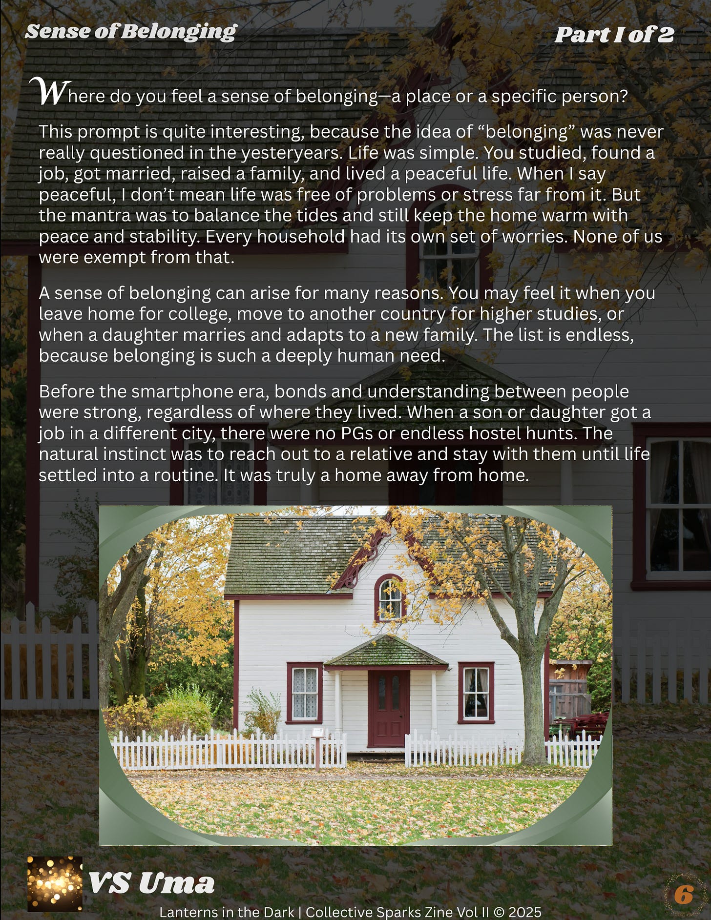 A small white house with a red door and picket fence surrounded by autumn trees and fallen leaves, framed within a rounded vignette, paired with reflective writing on home, stability, and belonging.
