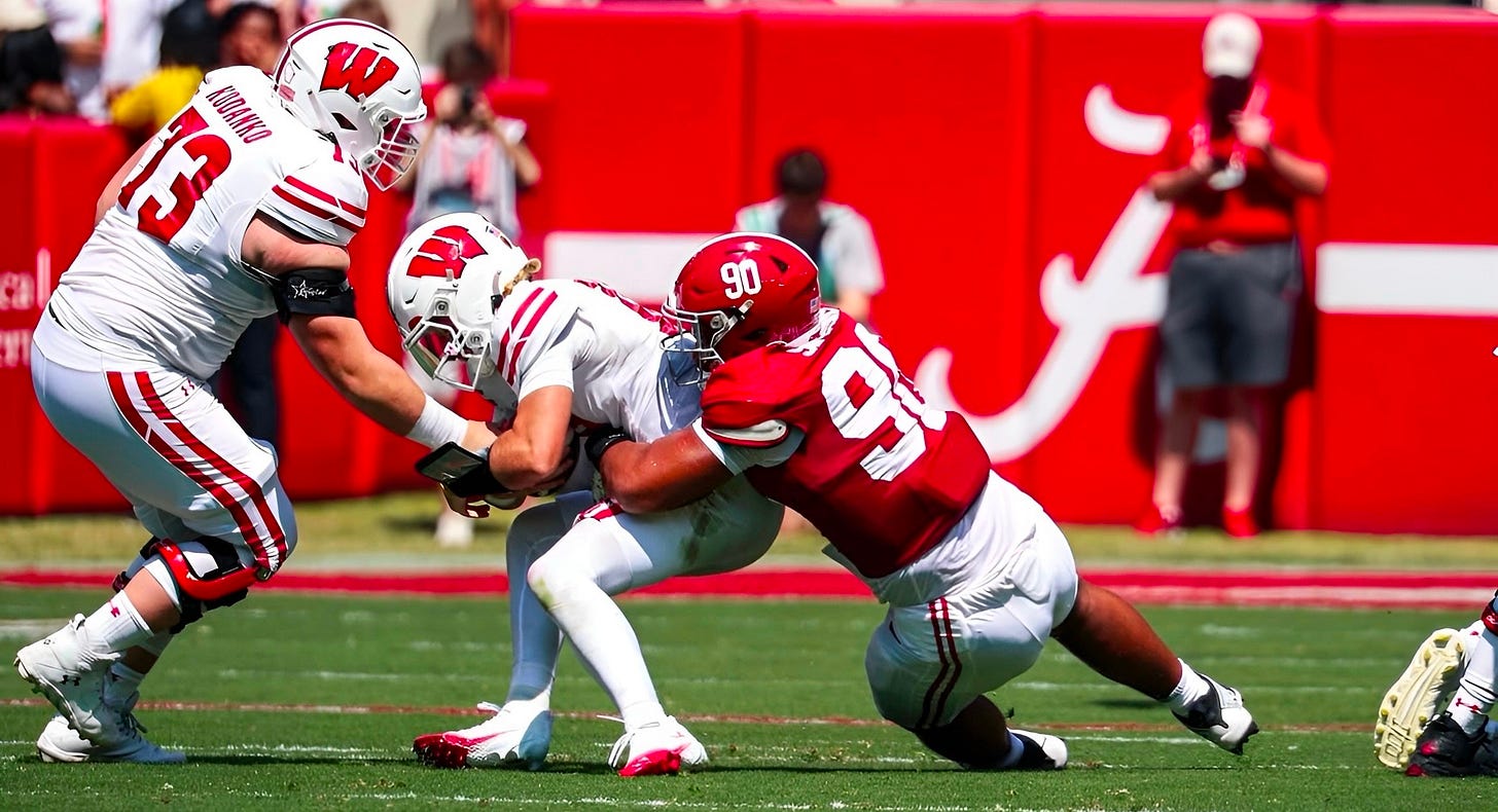 Wisconsin Badgers quarterback Danny O’Neil is taken down for a sack by an Alabama defender during the game in Tuscaloosa. Wisconsin Badgers quarterback Danny O’Neil is taken down for a sack by an Alabama defender during the game in Tuscaloosa.