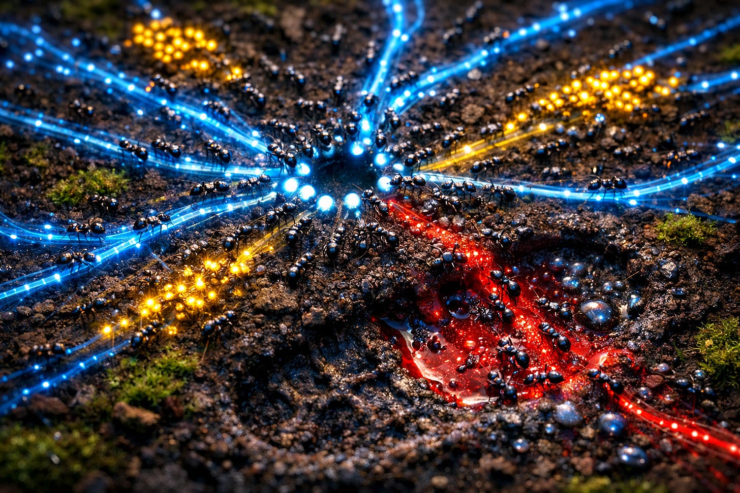 Glowing ant pathways showing network resilience with blue active routes and red failed path. Glowing ant pathways showing network resilience with blue active routes and red failed path.