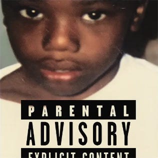 A photo of Keem as a child with a large Parental Advisory warning obscuring the lower half of the image