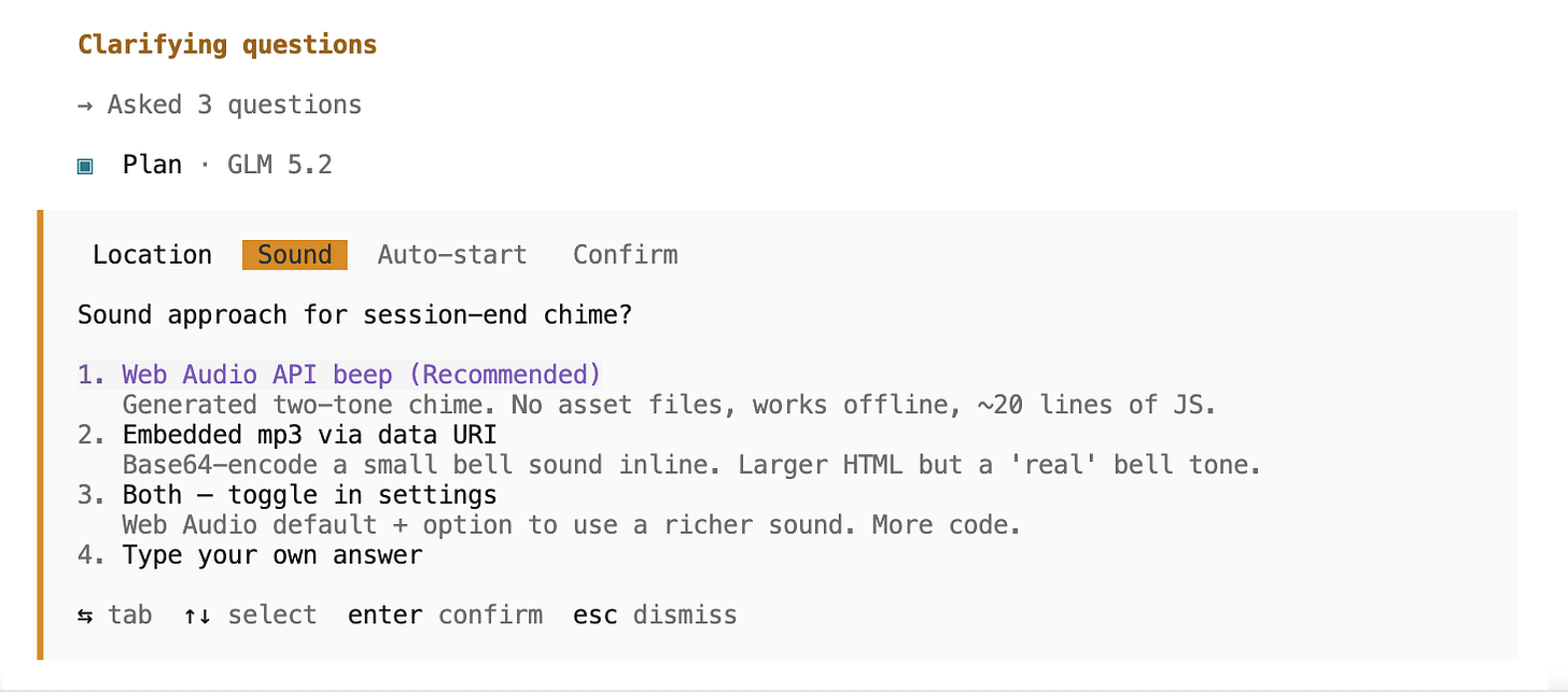 GLM 5.2 asking setup questions before building the Pomodoro app in OpenCode GLM 5.2 asking setup questions before building the Pomodoro app in OpenCode