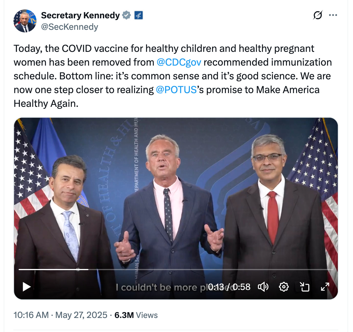 a screenshot of an x post from @SecKennedy from May 27, 2025