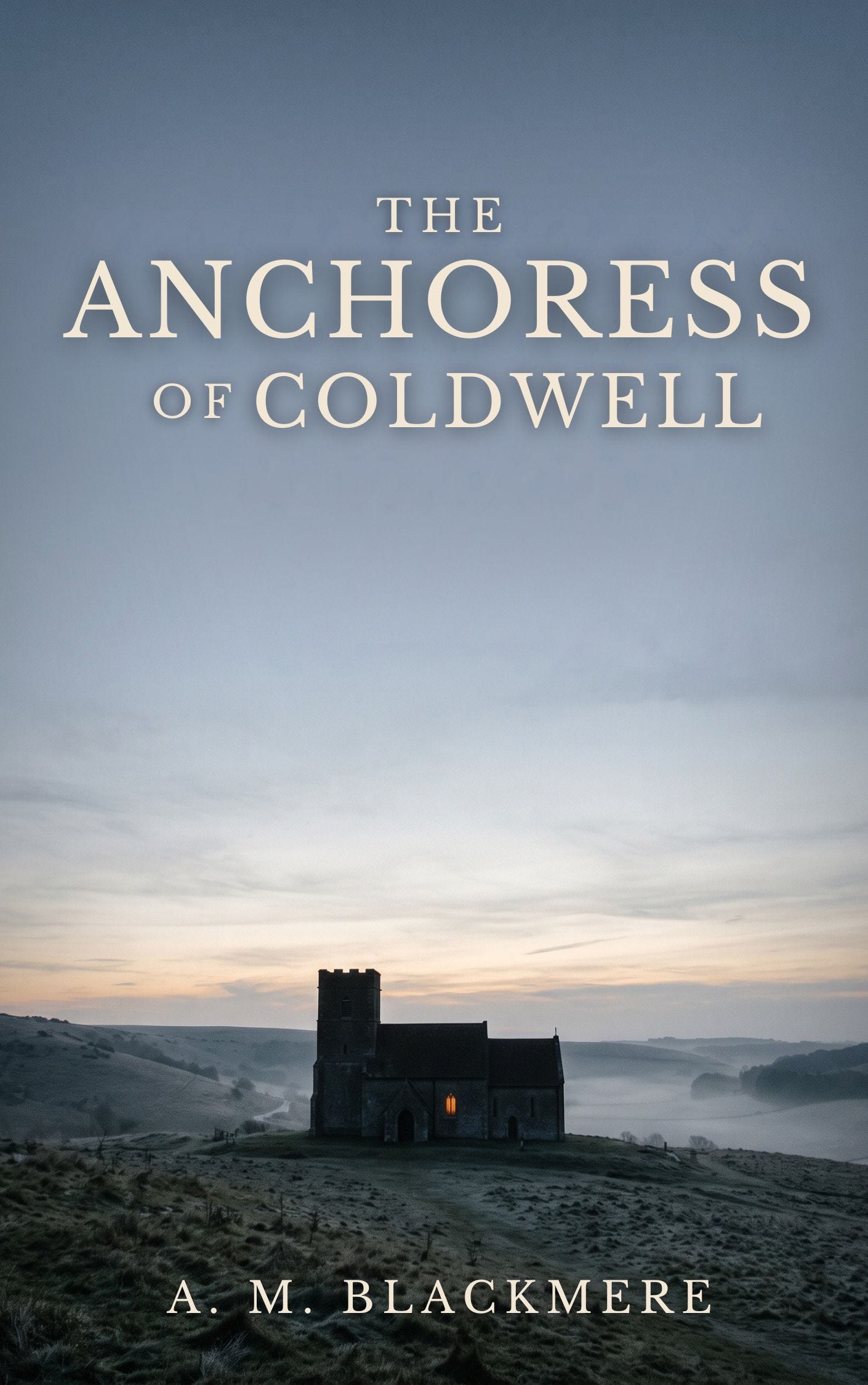 Graphic of a book cover showing a remote medieval stone church sitting on a grassy ridge enveloped in dense fog at dawn. A warm orange light shines from a single window. Text reads "OF COLDWELL" at the top and "A. M. BLACKMERE" at the bottom.