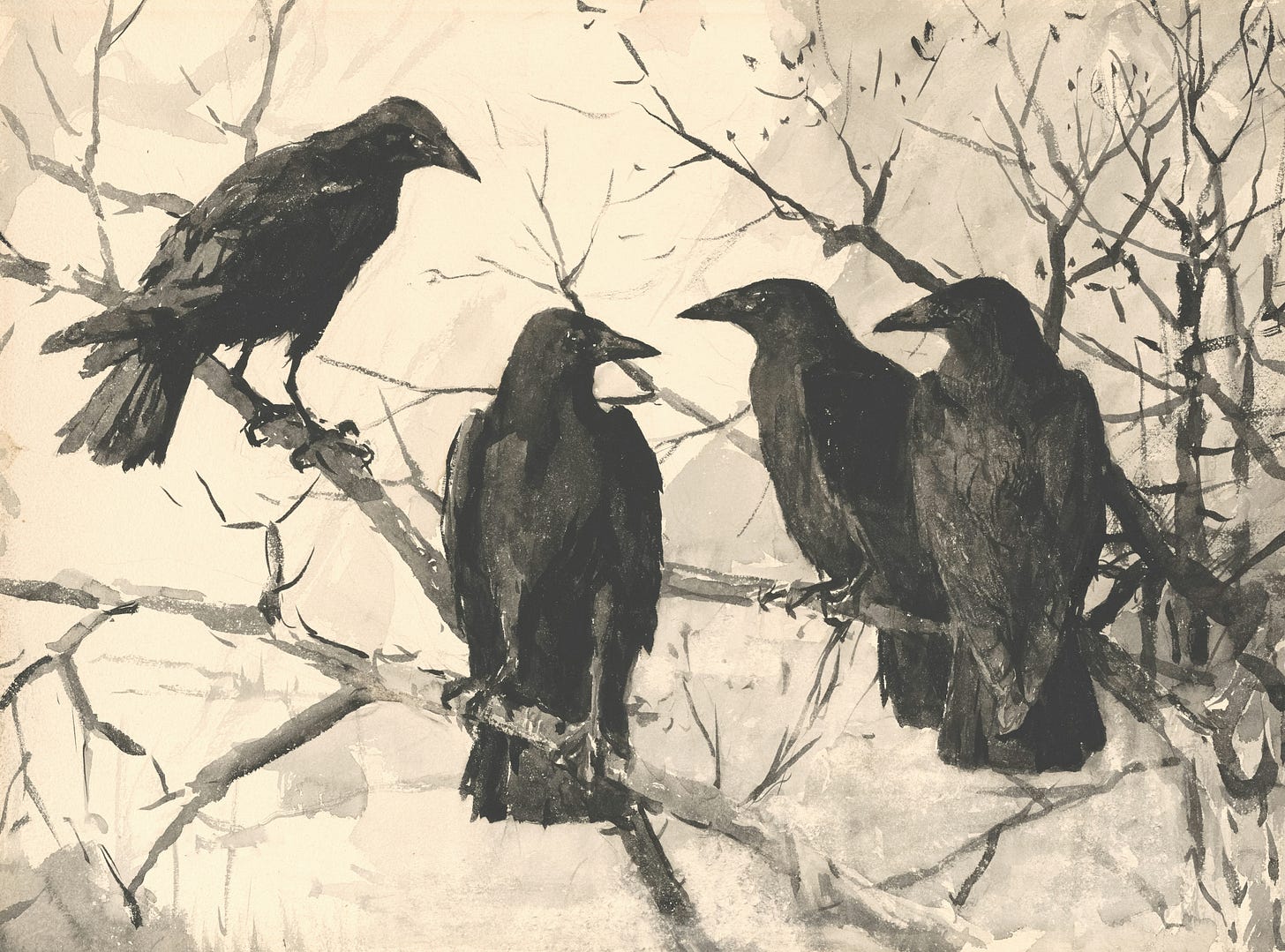 Four crows perched on bare, leafless branches are depicted. The background is a pale, light colour. On the left, one crow sits higher on a branch, facing the other three. Its head is slightly bowed as if observing or listening to the group. The remaining three crows are grouped closely together on a lower branch, with two facing left and one turning its head to the right. Four crows perched on bare, leafless branches are depicted. The background is a pale, light colour. On the left, one crow sits higher on a branch, facing the other three. Its head is slightly bowed as if observing or listening to the group. The remaining three crows are grouped closely together on a lower branch, with two facing left and one turning its head to the right.
