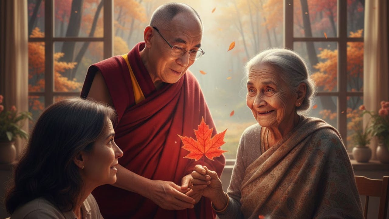 A cinematic scene in Bangalore: The Dalai Lama stands beside a caregiver and an elderly woman with dementia, gesturing toward a vibrant autumn leaf. The image captures the profound moment of his interruption, illustrating the truth that Mind Precedes Matter and the enduring dignity found through Pure Unlimited Love A cinematic scene in Bangalore: The Dalai Lama stands beside a caregiver and an elderly woman with dementia, gesturing toward a vibrant autumn leaf. The image captures the profound moment of his interruption, illustrating the truth that Mind Precedes Matter and the enduring dignity found through Pure Unlimited Love