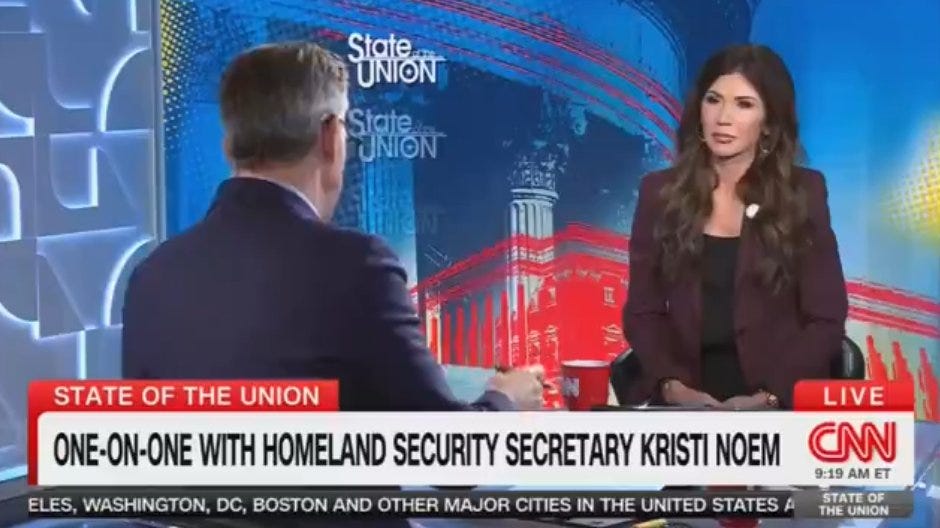 Jake #Tapper to Kristi #Noem of #HomelandSecurity: "I just showed you video  of people attacking law enforcement officers on #J6. #Trump pardoned them  all. You said #Trump is enforcing all the laws