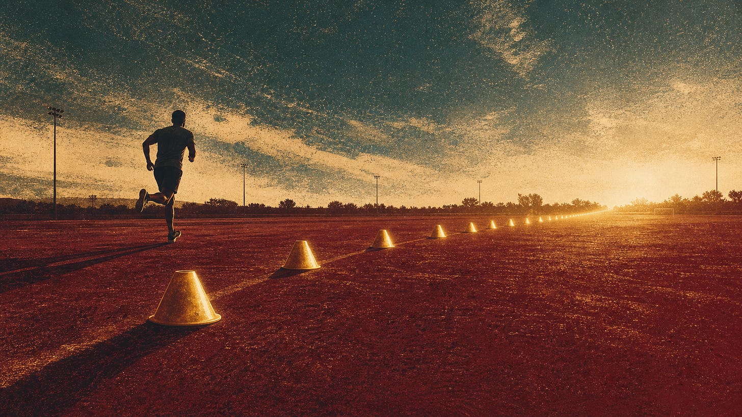 Ogilvy-style practice field illustration showing compounding marginal gains. Ogilvy-style practice field illustration showing compounding marginal gains.