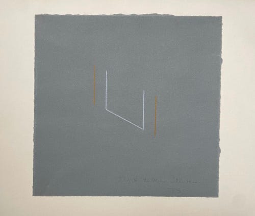 a minimalist drawing of a few vertical lines on an angular plane in two tones.