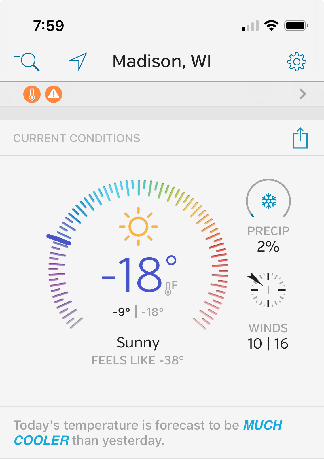 Screenshot of a weather report showing temperature of -18 and "feels like -38"