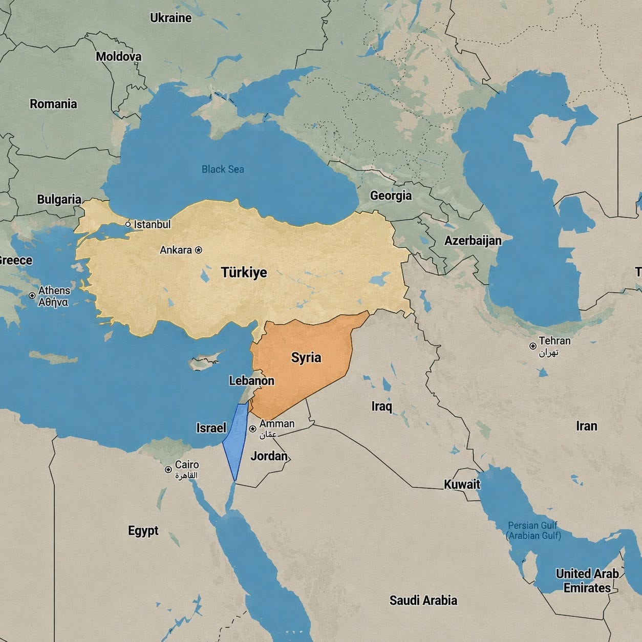 Có thể là hình ảnh về bản đồ và văn bản cho biết 'Ukraine Moldova Romania BlackSe Sea Bulgaria Istanbul reece Georgia Ankara ® Athens Αθήνα Türkiye Azerbaijan Syria Lebanòn G C Tehran تهران Israel Amman Iraq ® Cairo القاهرة Jordan Iran Egypt Kuwait Persian Gulf (ArabianGu Gulf) SaudiArabia Saudi Arabia United UnitedArab Arab Emirates' Có thể là hình ảnh về bản đồ và văn bản cho biết 'Ukraine Moldova Romania BlackSe Sea Bulgaria Istanbul reece Georgia Ankara ® Athens Αθήνα Türkiye Azerbaijan Syria Lebanòn G C Tehran تهران Israel Amman Iraq ® Cairo القاهرة Jordan Iran Egypt Kuwait Persian Gulf (ArabianGu Gulf) SaudiArabia Saudi Arabia United UnitedArab Arab Emirates'