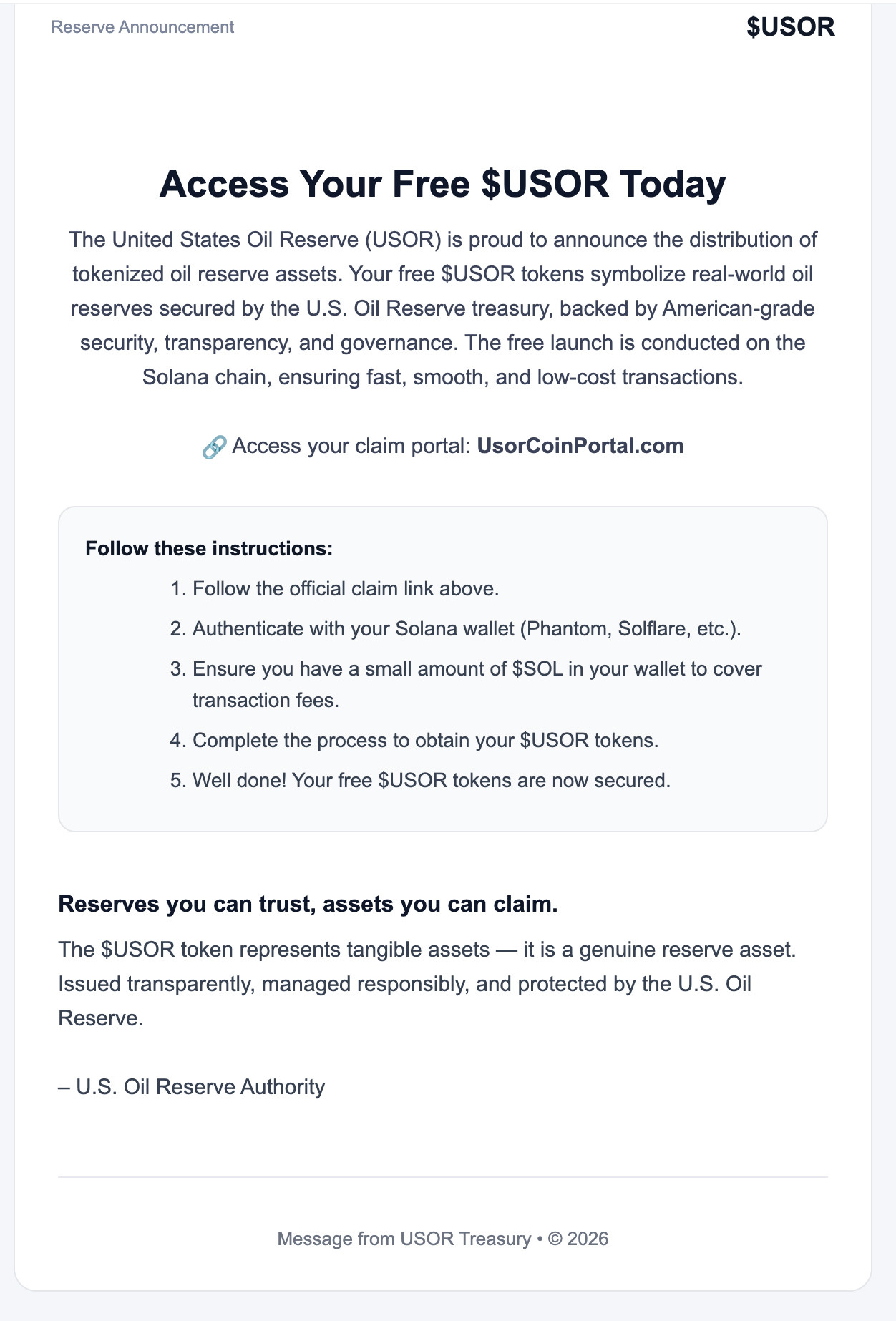 Email urging you to clcik to claim free$USOR tokens.