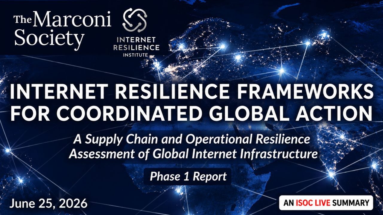 A presentation-style cover graphic features a nighttime satellite view of Europe, Africa, and Asia illuminated by city lights and overlaid with glowing white network links representing global Internet connectivity. The Marconi Society and Internet Resilience Institute logos appear at the upper left against a dark blue panel. Centered across the image is the large white title, "Internet Resilience Frameworks for Coordinated Global Action," followed by the italic subtitle, "A Supply Chain and Operational Resilience Assessment of Global Internet Infrastructure," and a smaller "Phase 1 Report" label. The date, "June 25, 2026," appears in the lower left, while an "AN ISOC LIVE SUMMARY" badge sits in the lower right. The overall design conveys a global, technical focus on Internet infrastructure and resilience. A presentation-style cover graphic features a nighttime satellite view of Europe, Africa, and Asia illuminated by city lights and overlaid with glowing white network links representing global Internet connectivity. The Marconi Society and Internet Resilience Institute logos appear at the upper left against a dark blue panel. Centered across the image is the large white title, "Internet Resilience Frameworks for Coordinated Global Action," followed by the italic subtitle, "A Supply Chain and Operational Resilience Assessment of Global Internet Infrastructure," and a smaller "Phase 1 Report" label. The date, "June 25, 2026," appears in the lower left, while an "AN ISOC LIVE SUMMARY" badge sits in the lower right. The overall design conveys a global, technical focus on Internet infrastructure and resilience.