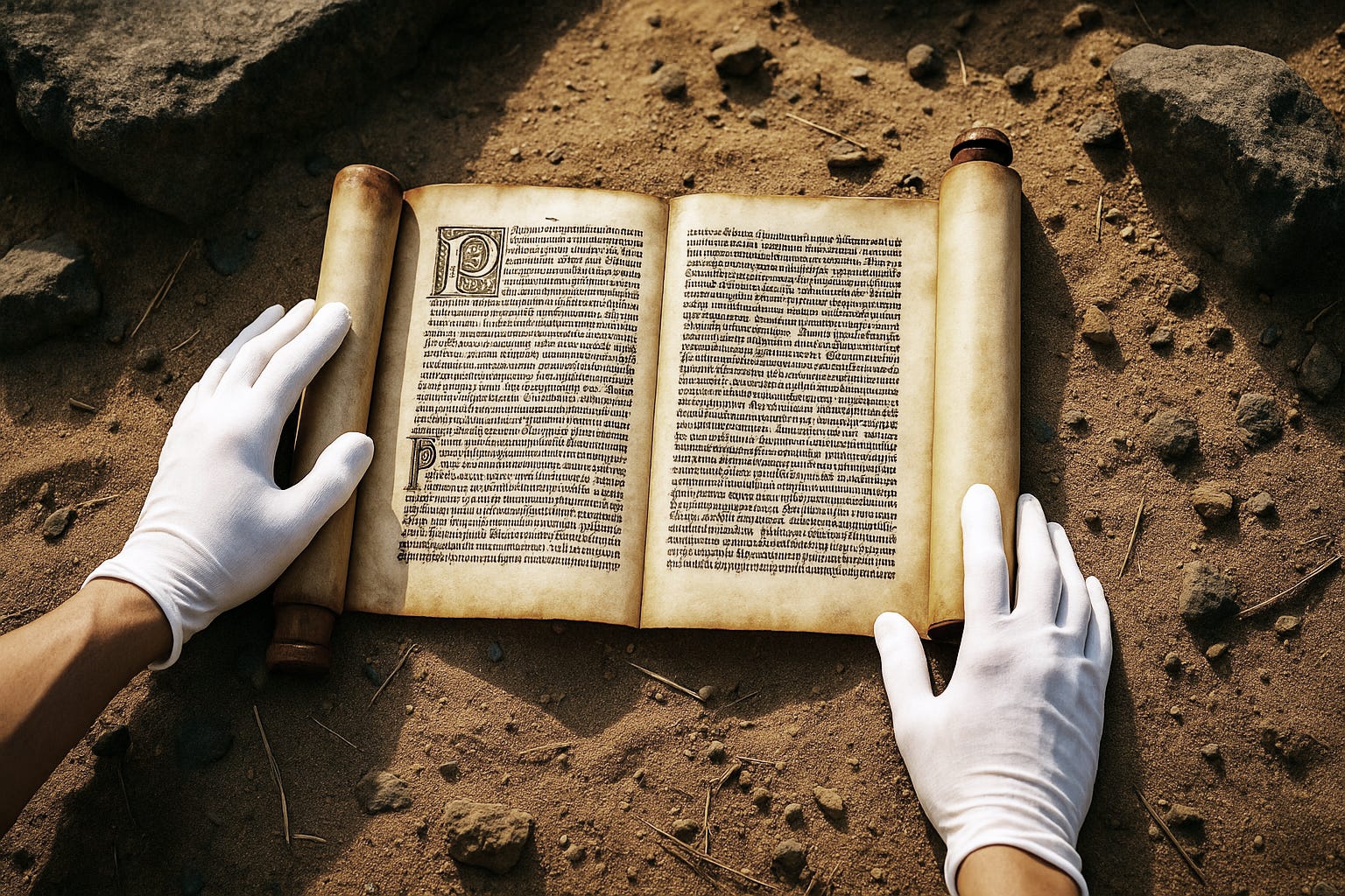 An ancient scroll is carefully unrolled by gloved hands in a dusty environment, with pebbles and rocks scattered across the ground, revealing faded, ornate writing. The sunlight filters in, casting a soft glow on the delicate parchment, emphasizing the intricate details of the text and the preservation efforts.