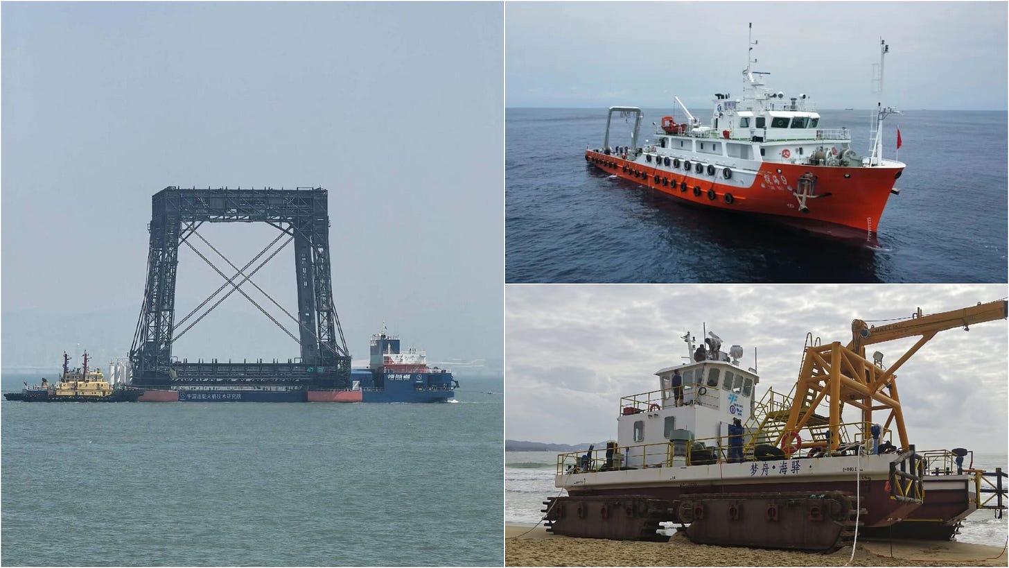 The ‘Linghangzhe’ drone ship with its booster catch hardware installed (left), the TanHai-9 capsule recovery ship at sea (top right), and the amphibious recovery ship having landed on a beach (bottom right).