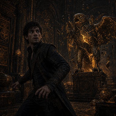 Greegan with wiry rogue palette—tousled dark hair, storm‑grey eyes, lean silhouette—reacting in shock and readiness as the hawk‑headed statue cracks open with amber light and comes to life in the Amber Temple