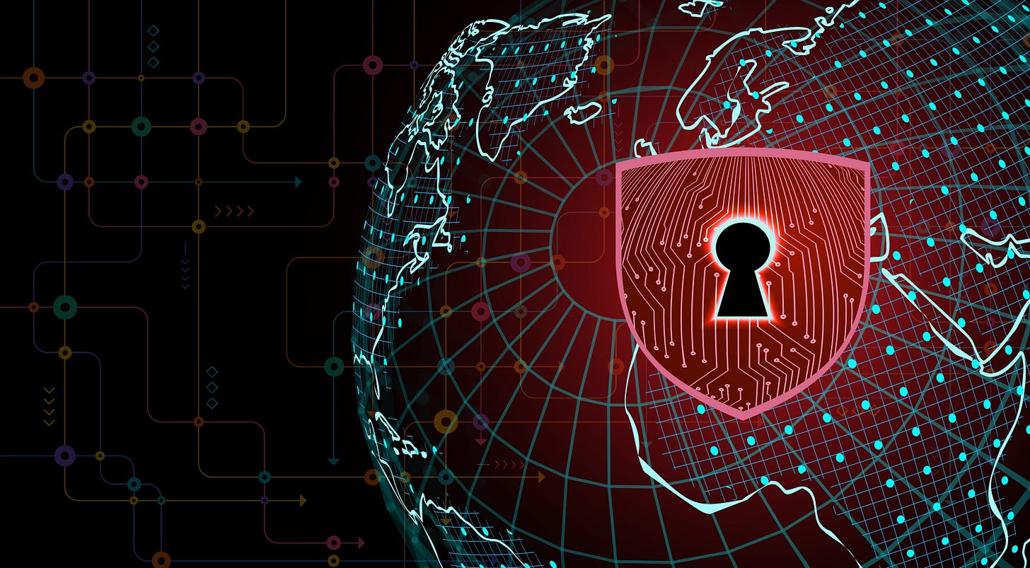 Circuitry, shield, and keyhole superimposed on a wireframe globe Circuitry, shield, and keyhole superimposed on a wireframe globe