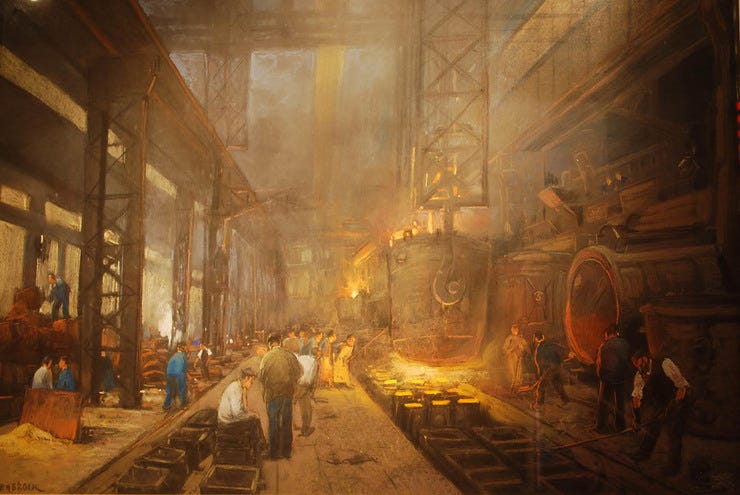 'Het gieten van blokken staal' - pastel: Herman Heijenbrock (herkomst: coll. Het Hoogovensmuseum, Velsen-Noord) 'Het gieten van blokken staal' - pastel: Herman Heijenbrock (herkomst: coll. Het Hoogovensmuseum, Velsen-Noord)