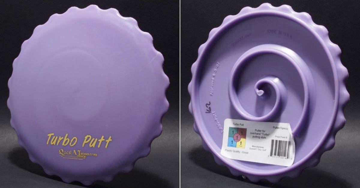 Top and bottom view of a disc with a strangely spoked rim and a spiral ridge on its bottom