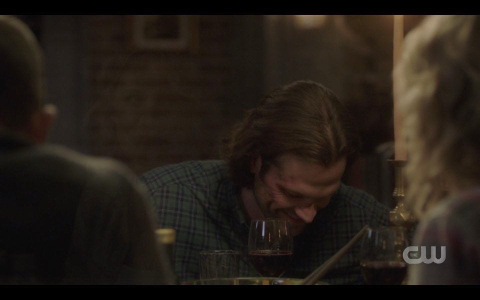 sam winchester laughing with dean john mary at dinner spn lebanon sam winchester laughing with dean john mary at dinner spn lebanon