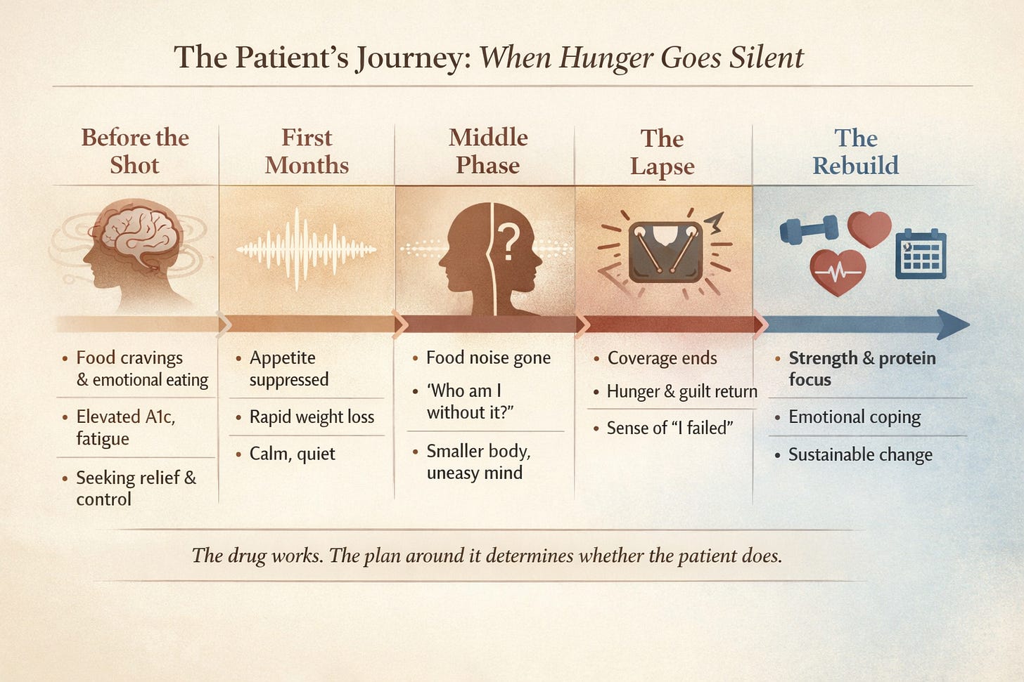 A horizontal timeline infographic titled “The Patient’s Journey: When Hunger Goes Silent.” It shows five stages — Before the Shot, First Months, Middle Phase, The Lapse, and The Rebuild — each with minimalist icons and short descriptions tracing the emotional and physical arc of Ozempic treatment. A horizontal timeline infographic titled “The Patient’s Journey: When Hunger Goes Silent.” It shows five stages — Before the Shot, First Months, Middle Phase, The Lapse, and The Rebuild — each with minimalist icons and short descriptions tracing the emotional and physical arc of Ozempic treatment.