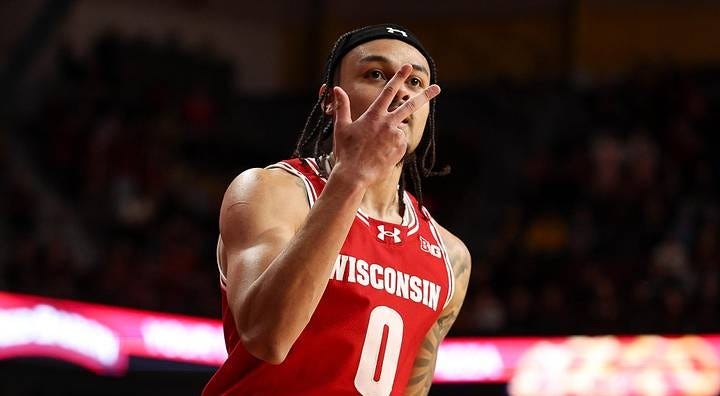 Wisconsin Badgers guard Braeden Carrington (0) celebrates his three-point basket against the Minnesota Golden Gophers