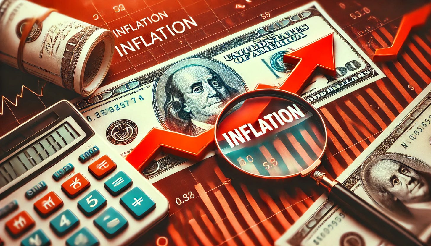 A visually engaging horizontal image for a Medium article about inflation. The image features a financial chart with an upward-trending red arrow, symbolizing rising inflation. In the background, there are U.S. dollar bills, a calculator, and a magnifying glass focusing on the word 'inflation.' The overall color theme includes red and orange tones to emphasize urgency and economic impact.