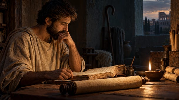 Title: Editorial illustration of a Roman scribe studying texts - Description: A warm, cinematic editorial illustration of an anonymous Roman-era scribe studying manuscripts beside an oil lamp, with a shepherd’s crook shadow in the background. Title: Editorial illustration of a Roman scribe studying texts - Description: A warm, cinematic editorial illustration of an anonymous Roman-era scribe studying manuscripts beside an oil lamp, with a shepherd’s crook shadow in the background.