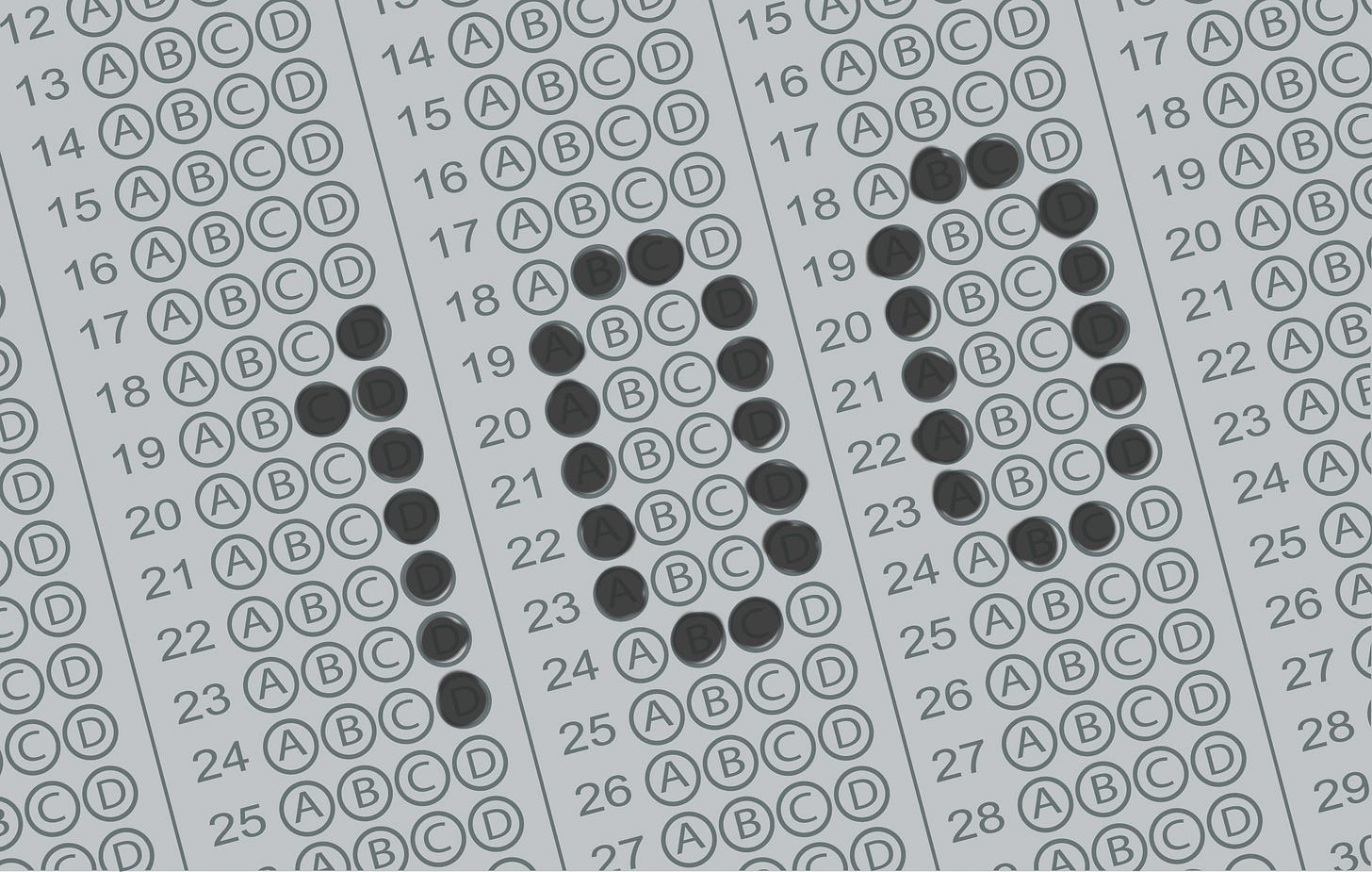 Illustration showing a testing scan sheet with ABCD multiple choice answers. Circles have been filled in with pencil to make the shape of the number 100.