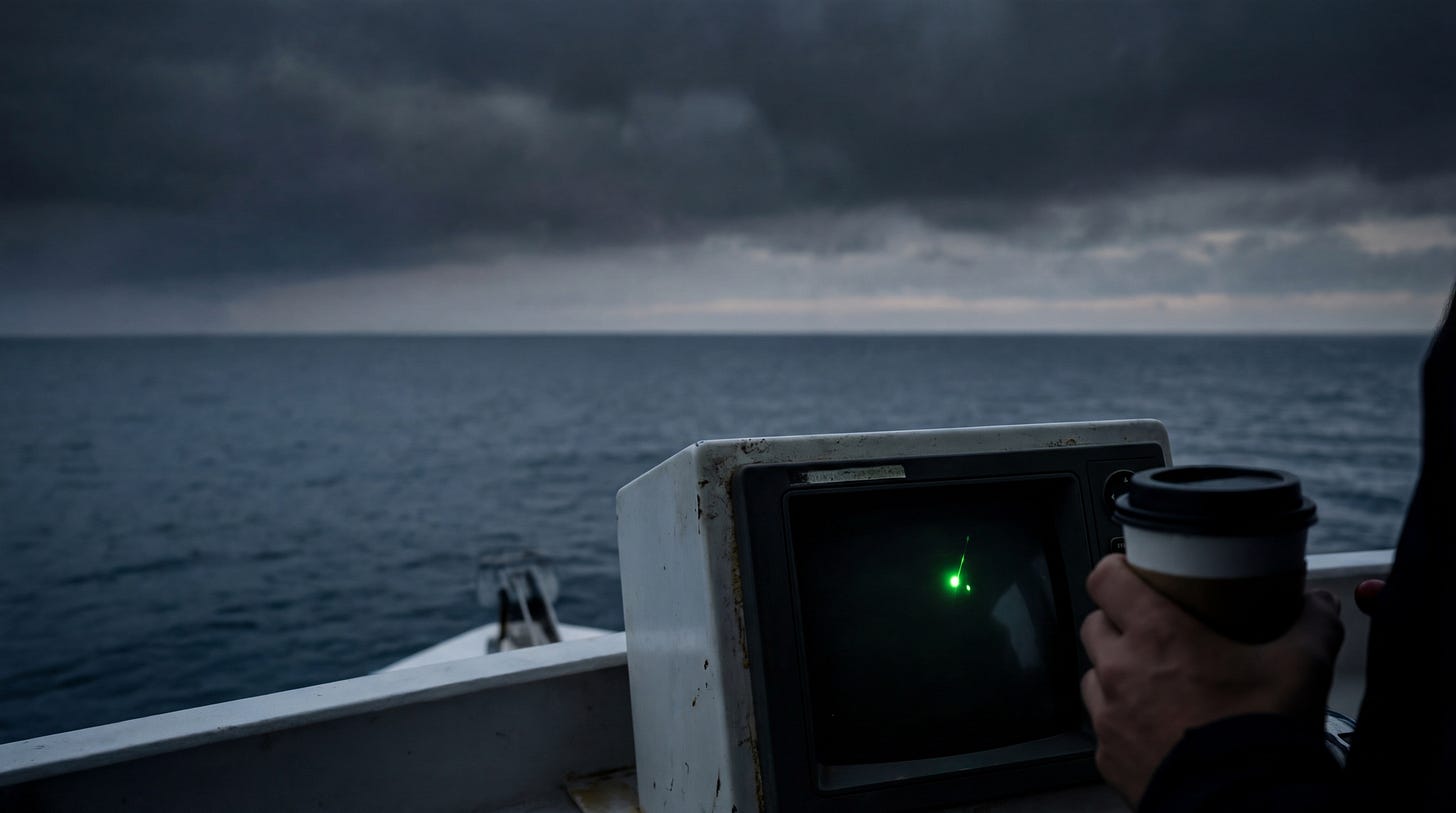 AI-generated illustration from the bridge of a boat a radar scans the horizon as the captain holds his coffee, symbolizing the Navy's eternal watch.