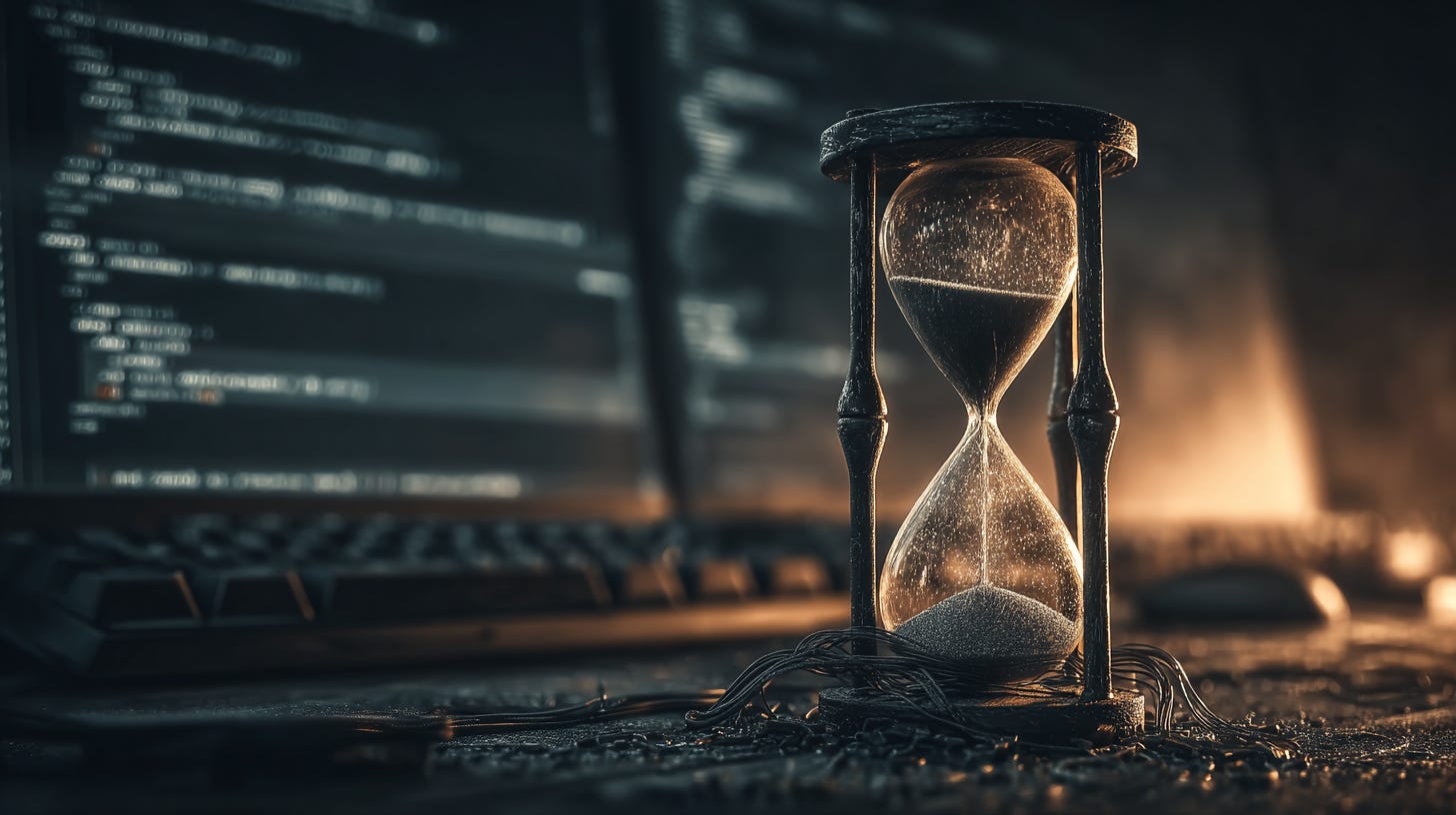 A weathered hourglass with sand actively flowing, positioned on a modern developer's desk with a mechanical keyboard and multiple monitors displaying code in the background, A weathered hourglass with sand actively flowing, positioned on a modern developer's desk with a mechanical keyboard and multiple monitors displaying code in the background,