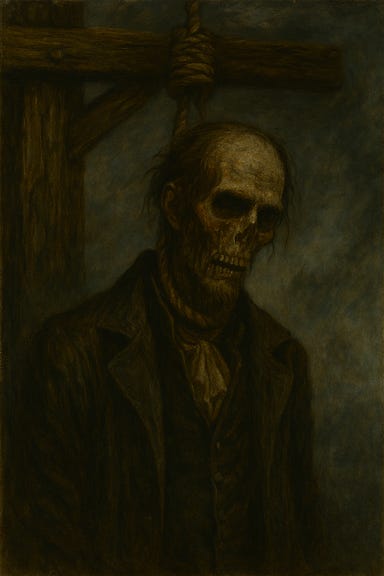 A gothic horror depiction of a Gallows Speaker from Van Richten's Guide to Ravenloft. The figure is a spectral undead suspended from a broken gallows in a mist-shrouded graveyard. It is emaciated and half-decayed, dressed in tattered noble robes from a bygone era. Its face is skeletal with glowing violet eyes and a mouth twisted in a whispering grin. Around its neck hangs a noose that trails into the fog like a tether to the afterlife. Ghostly chains and spectral nooses float around it, and the air is thick with sorrow and secrets. The atmosphere is eerie, tragic, and steeped in cursed memory.
