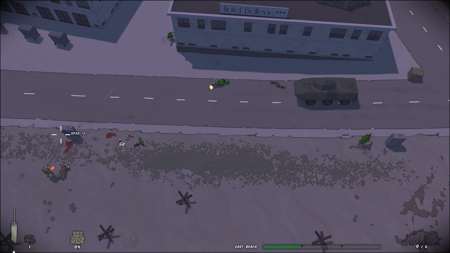 Greenbelts and Graycollars exchange gunfire at a road, with Graycollar armor moving in. Various tank traps and sand bags litter the battlefield. Greenbelts and Graycollars exchange gunfire at a road, with Graycollar armor moving in. Various tank traps and sand bags litter the battlefield.