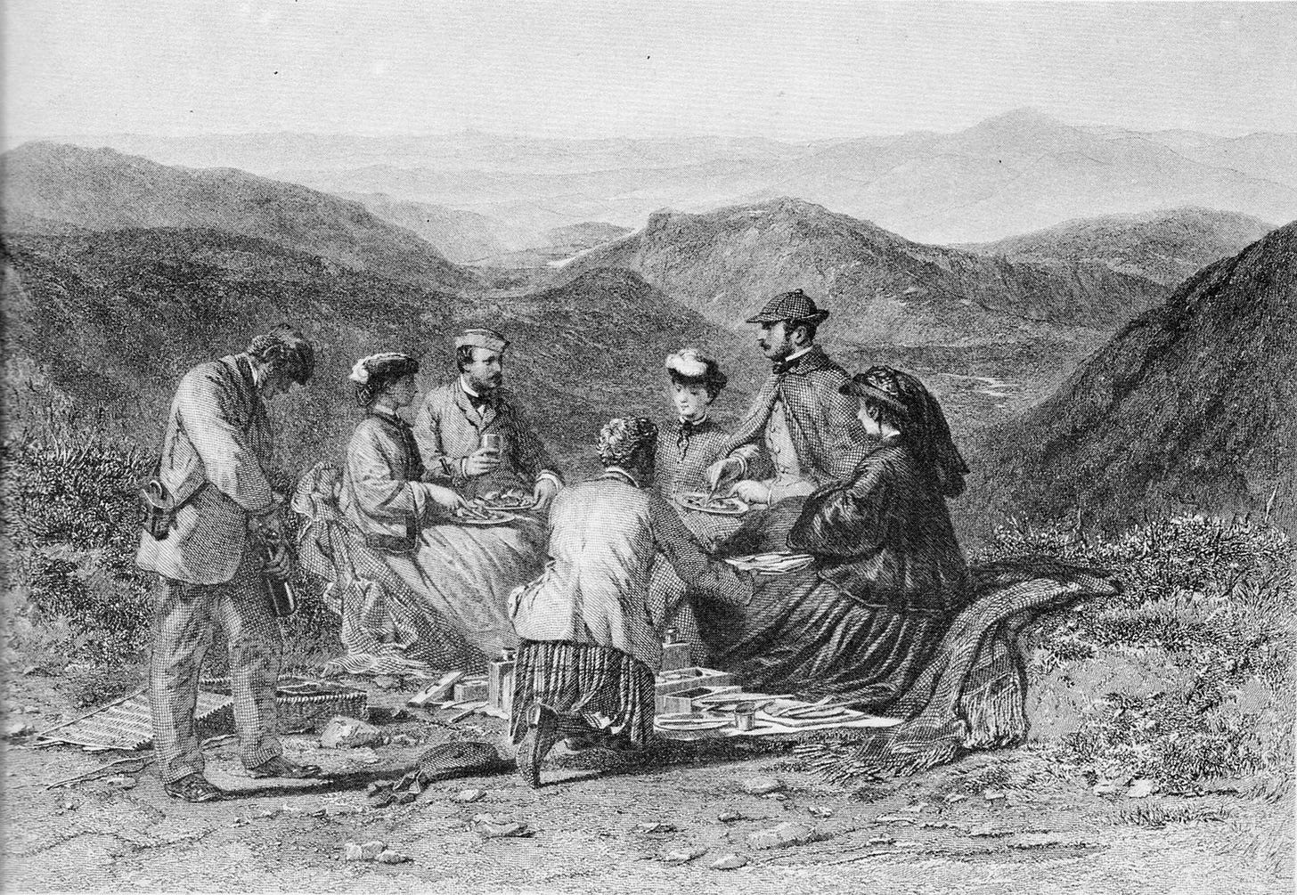 Old print, picnic on mountain
