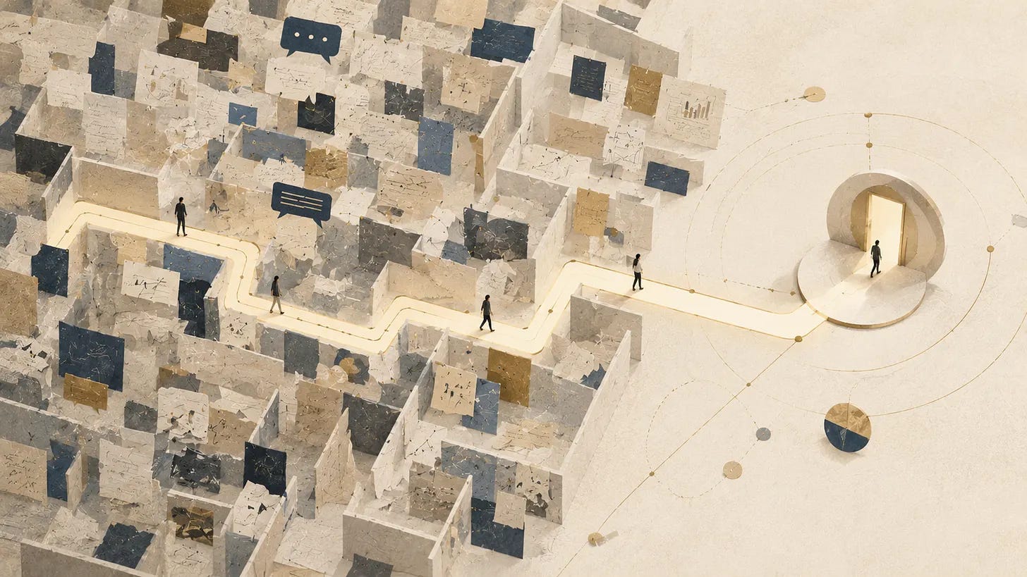 Overhead maze of notes and message blocks with small figures moving toward a circular opening