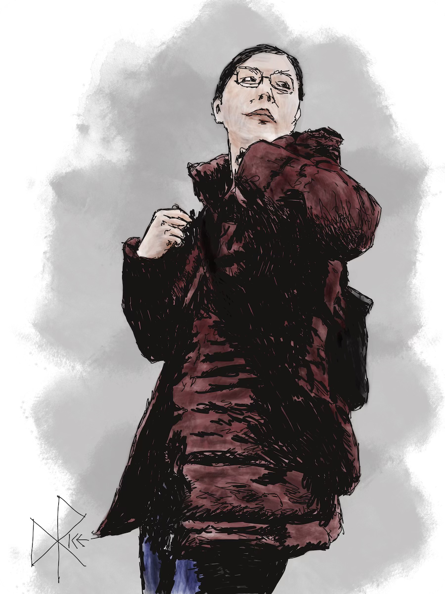 A woman straightening out her winter coat and shoulder bags, after coming indoors and unzipping but not removing the garment. Sketch art by Don Rice.