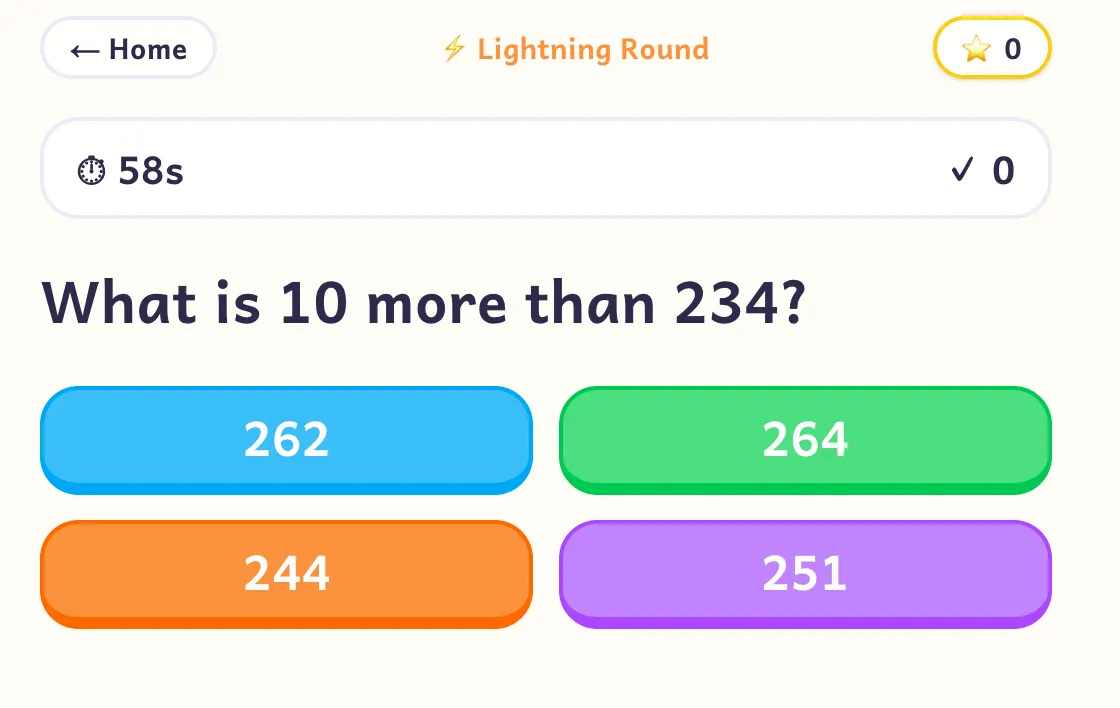 Math quiz interface for kids with four big colorful answer buttons, no typing required Math quiz interface for kids with four big colorful answer buttons, no typing required