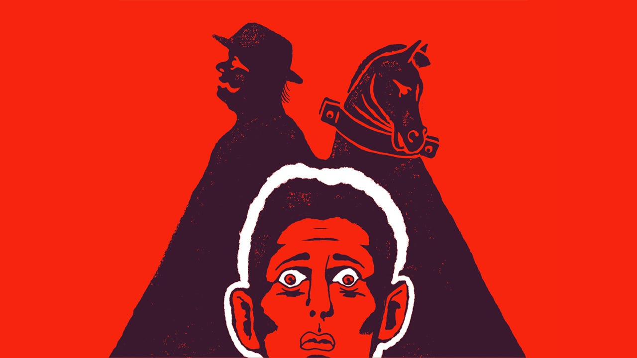 A scared man's face stands before the silhouettes of a human head and a horse head A scared man's face stands before the silhouettes of a human head and a horse head