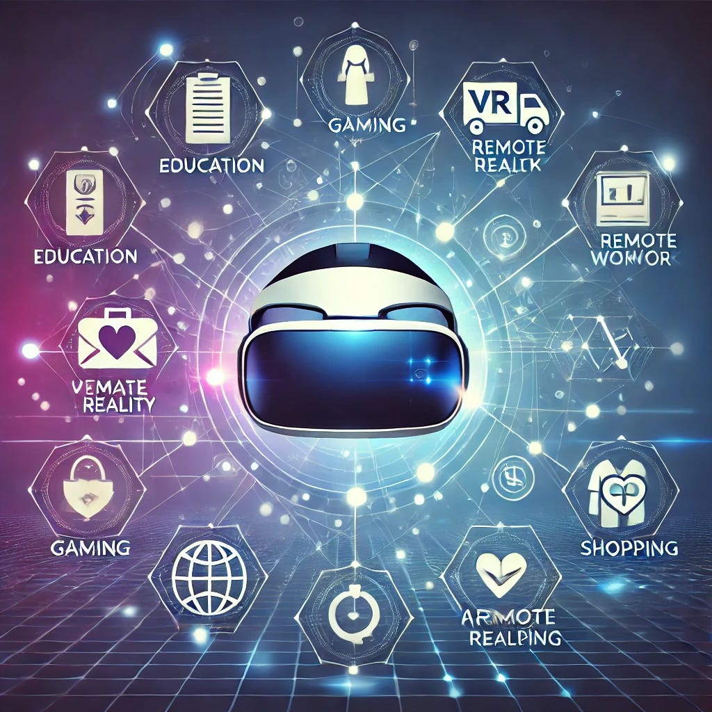 A modern illustration representing the impact of Virtual Reality and Augmented Reality on everyday life, featuring VR and AR headsets surrounded by icons for education, gaming, remote work, healthcare, and shopping. Each icon is connected to the headsets with glowing lines, symbolizing how VR and AR are transforming various fields. The background has a gradient of blue and purple tones with subtle digital effects, giving a futuristic and immersive feel. Sleek and visually engaging, suitable for a technology-focused article on VR and AR. A modern illustration representing the impact of Virtual Reality and Augmented Reality on everyday life, featuring VR and AR headsets surrounded by icons for education, gaming, remote work, healthcare, and shopping. Each icon is connected to the headsets with glowing lines, symbolizing how VR and AR are transforming various fields. The background has a gradient of blue and purple tones with subtle digital effects, giving a futuristic and immersive feel. Sleek and visually engaging, suitable for a technology-focused article on VR and AR.