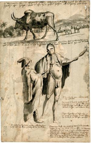 Samuel Daniell, Portrait of a KhoiKhoi, a San and Tswana men ('Hottentot, Bosjesman, Booshwana'), 1820.; Khoikhoi Fording a Stream, 1700; African Ox and Khoi Couple; 1700-1730; Khoi Women Dancing. Vijf danssende Hottentottinnen, 1700-1740; Khoi Women and Dutch Colonist., 1700-1740; Engraving of Khoikhoi figures and dwellings ~1700; Illustration or stylized image of San figures and cattle; uKhahlamba–Drakensberg "Rain-Bull Scene, 1000 BCE-40 CE