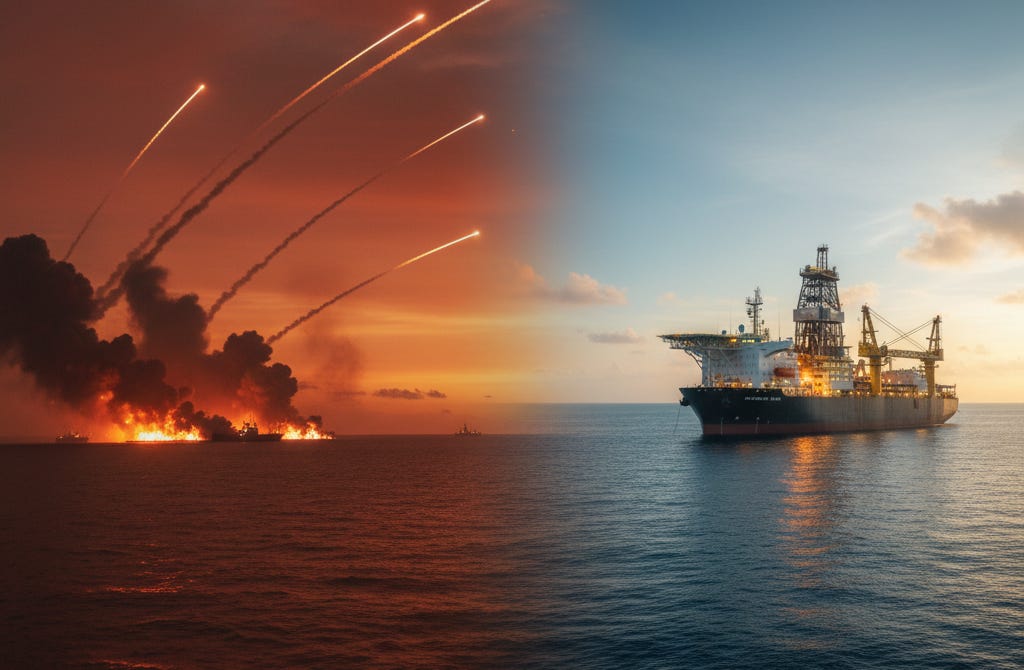 Left-right composition left side shows missile trails and smoke over Strait of Hormuz with tense atmosphere (dark red and orange tones) right side features a massive deepwater drillship operating on calm deep blue ocean (cool blue tone with _image_1 Left-right composition left side shows missile trails and smoke over Strait of Hormuz with tense atmosphere (dark red and orange tones) right side features a massive deepwater drillship operating on calm deep blue ocean (cool blue tone with _image_1