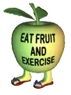 a cartoon apple with feet and sandals that says eat fruit and exercise