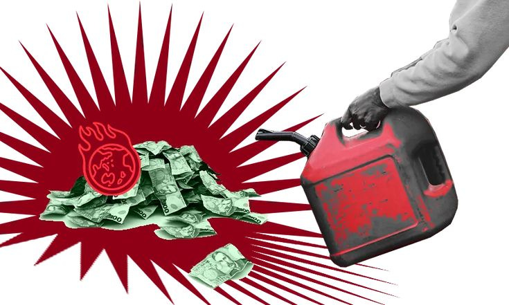 This may contain: a hand holding a gas can with money coming out of it and a red background