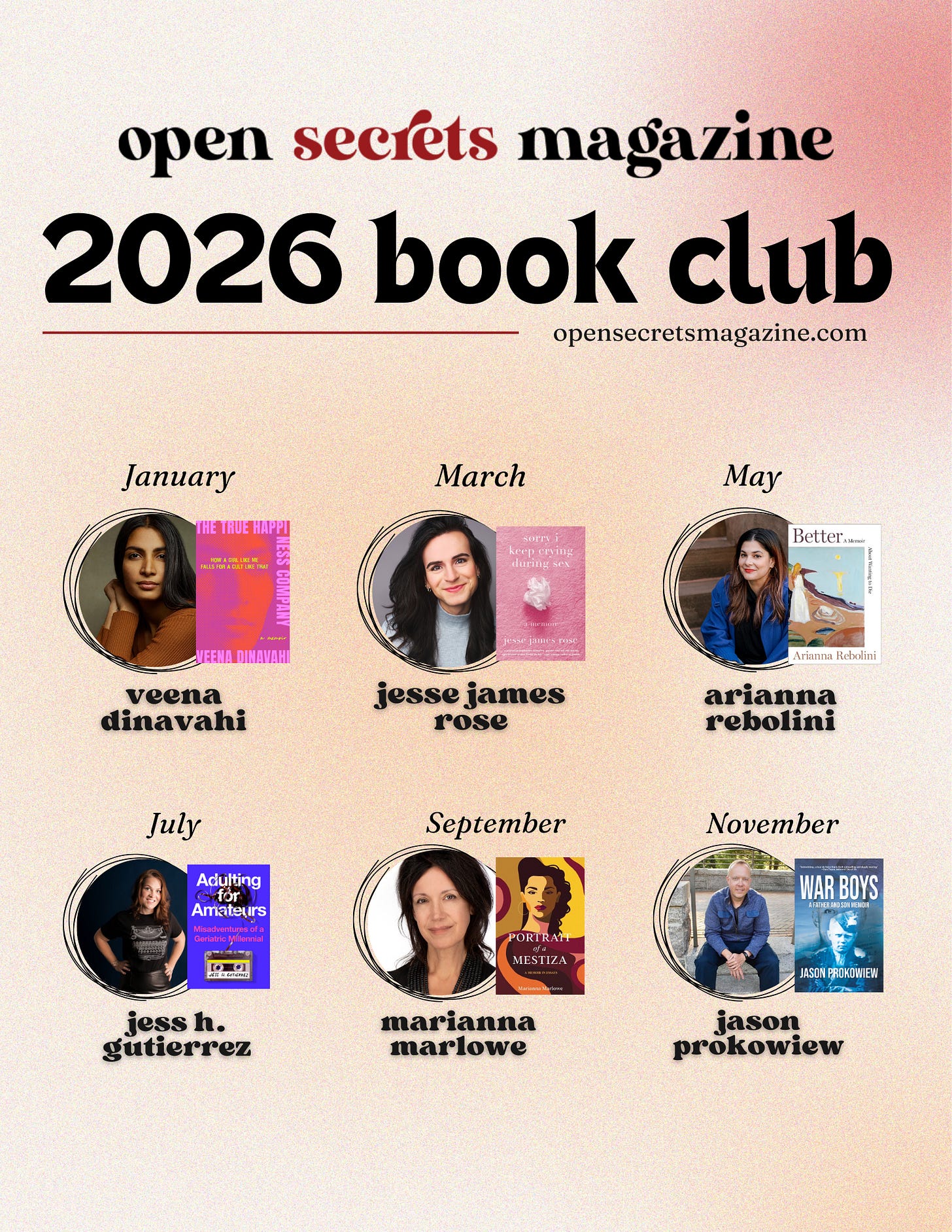 2026 open secrets live book club picks veena dinavahi jesse james rose arianna rebolini jess h gutierrez marianna marlowe jason provowiew