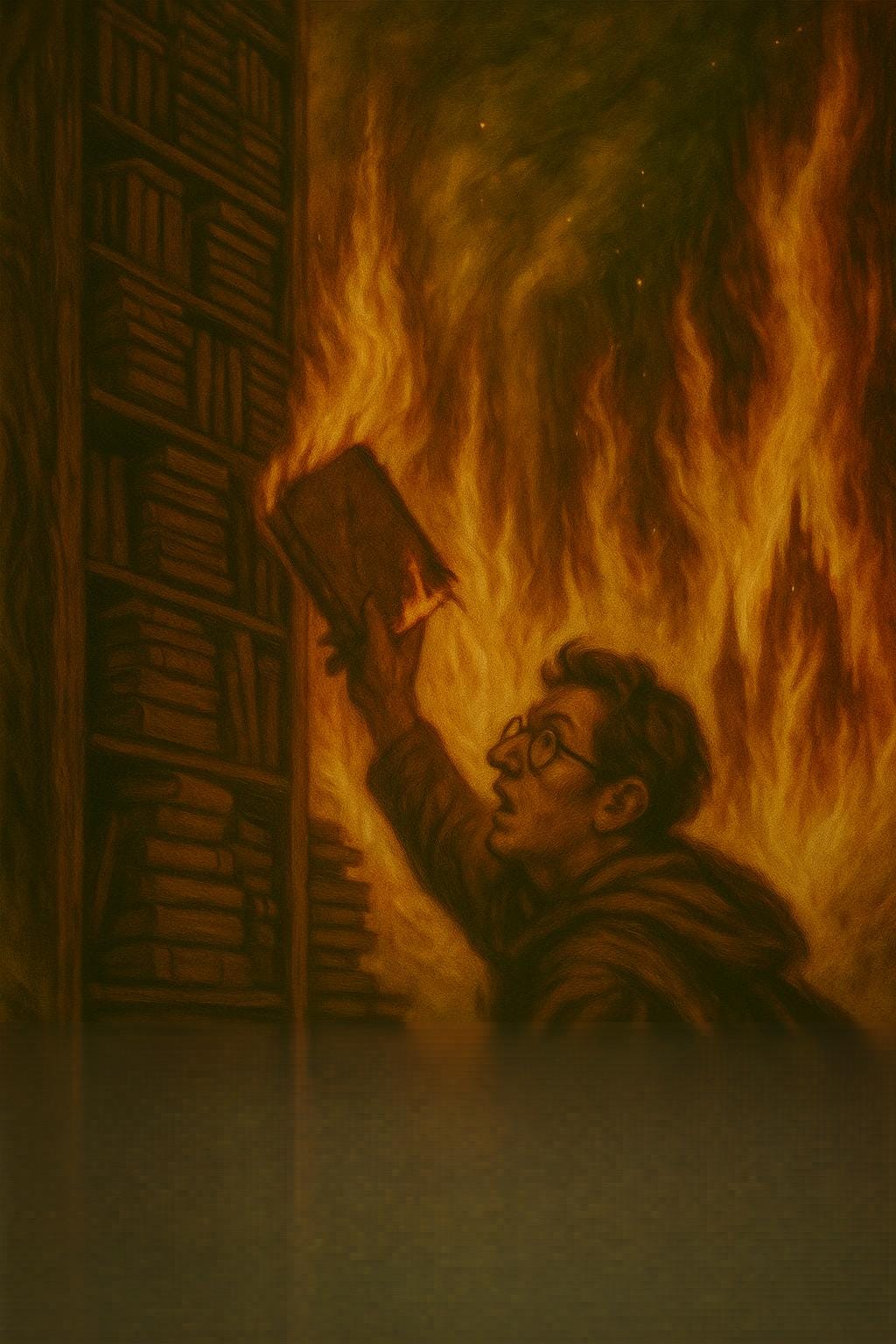 A surreal dreamlike image of Felonious inside a burning tower. The interior is filled with towering stacks of books reaching the ceiling, some teetering and others already catching fire. Flames climb slowly but inevitably up the walls and shelves, casting flickering orange and red light across the scene. Felonious, a young man with a desperate expression, reaches toward a specific book—his father's journal—its edges already burning and curling with smoke. The journal glows faintly with significance. The atmosphere is tense and tragic, with embers floating in the air and shadows dancing across the stone walls. The lighting is dramatic, emphasizing the contrast between the firelight and the dark corners of the tower.